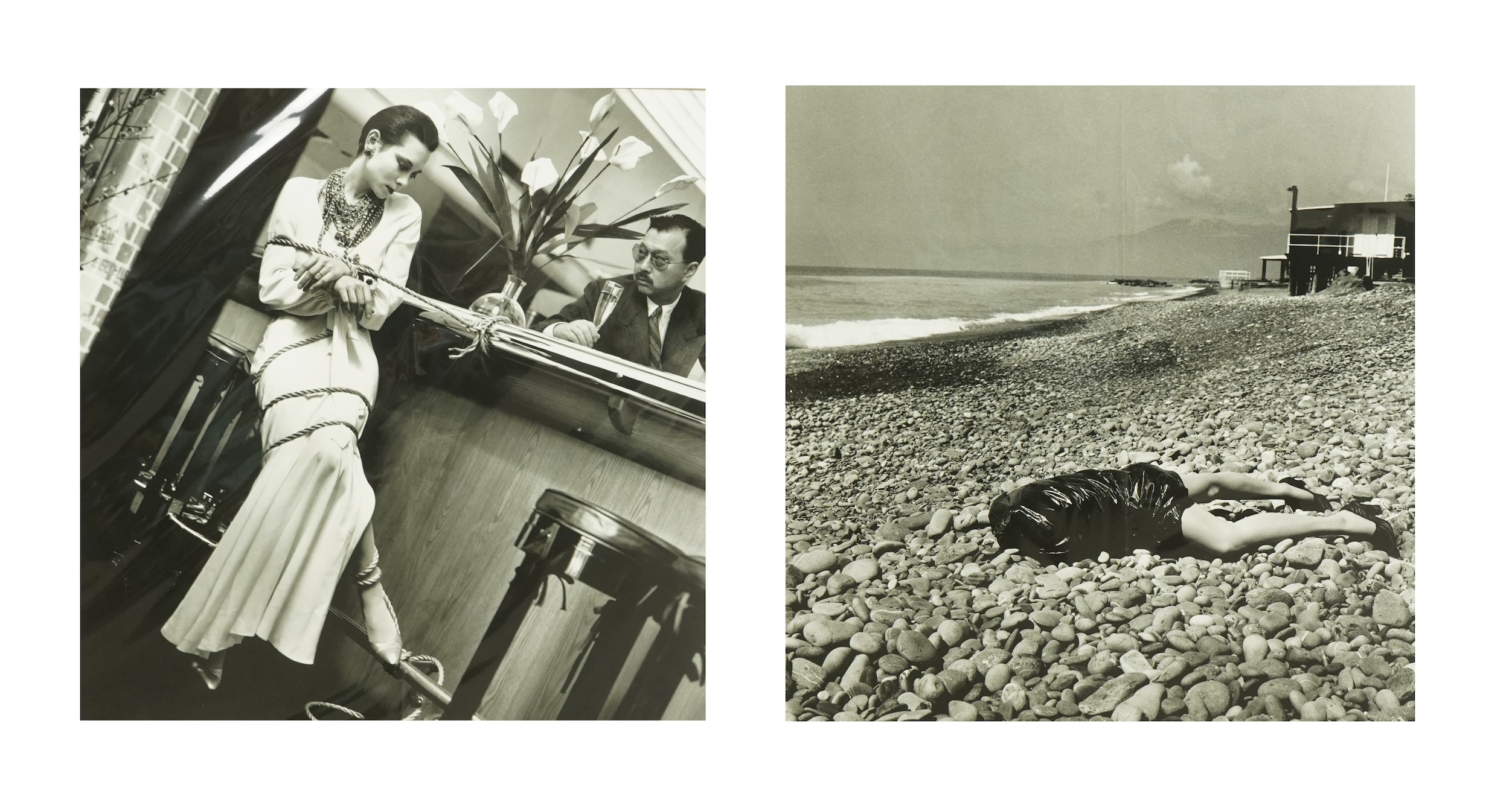 Helmut Newton (1920-2004), Tina and Michael Chow & On the beach, Bordighera, photolithographs (2), 46 x 46cm